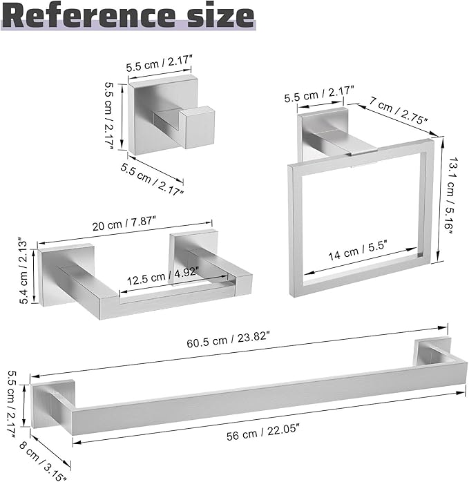 TNOMS Brushed Nickel Towel Bar Set,5-Piece Bathroom Hardware Set Includes Upgraded Double Base Paper Towel Holder Modern Square Towel Holder Set,Stainless Steel Wall Mount 23.6 Inch