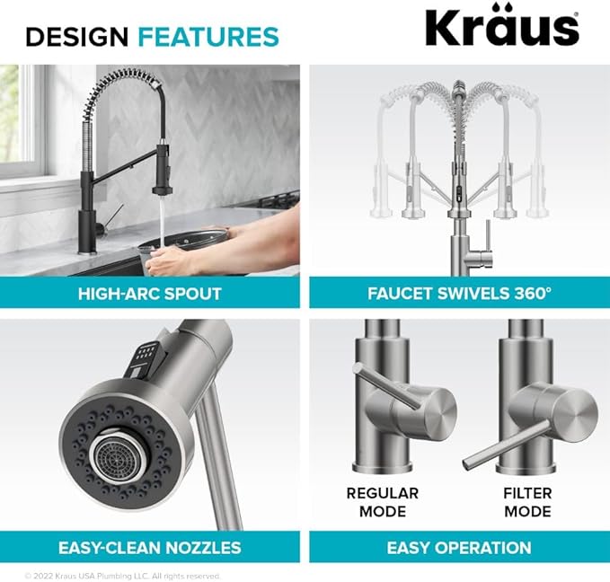 KRAUS Bolden 2-in-1 Commercial Style Pull Down Single Handle Water Filter Kitchen Faucet for Reverse Osmosis or Water Filtration System in Spot-Free Stainless Steel/Matte Black, KFF-1610SFSMB