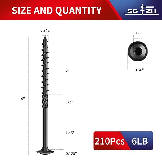 #14 x 4 Inch Lag Screws (210Pcs) 6lb. Structural Wood Screw, Black, Carbon Steel, Washer Head, Rust Resistant epoxy Coated, T30 Star Bit