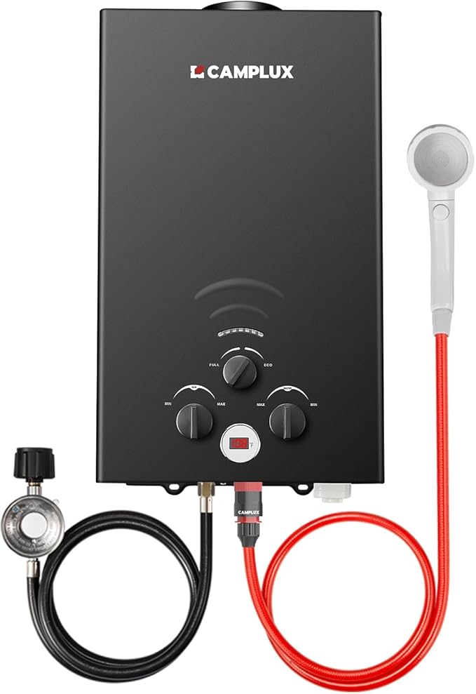 CAMPLUX Tankless Water Heater - 2.64GPM Portable Propane Heater for Off Grid, Camping, Outdoor Shower - 68,000 BTU - BW264B - Black