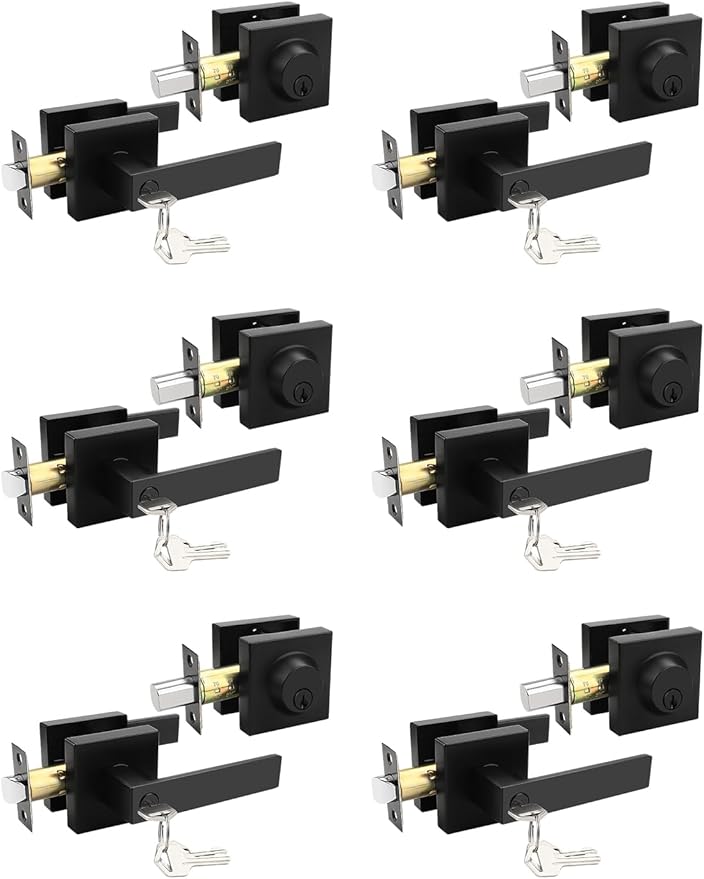 6 Pack Square Keyed Alike Front/Exterior Door Levers with Single Cylinder Deadbolt, Flat Black Entry Door Knob Lock Sets with Deadbolt Combination Sets, for Entrance/Front and Office Doors