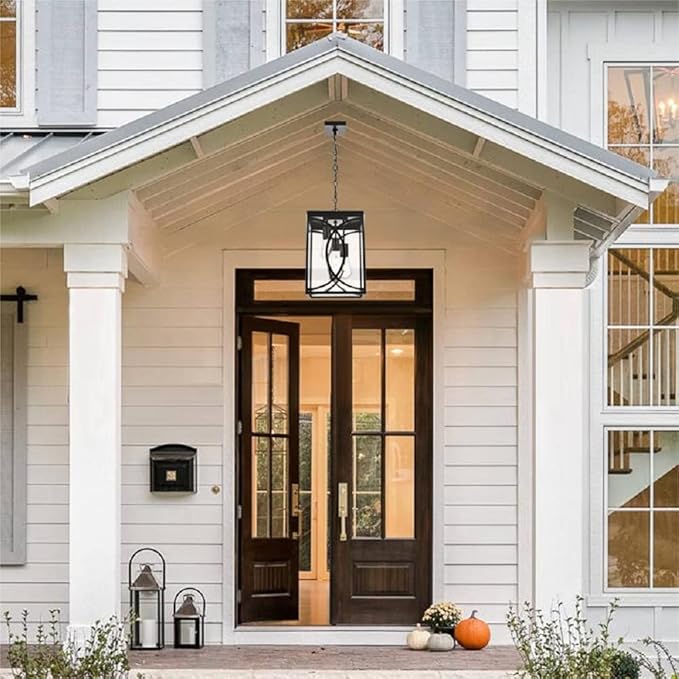 Outdoor Pendant Light Fixture, 3-Light Black Large Exterior Hanging Lantern with Clear Glass, Metal Outdoor Chandelier Porch Lighting for Front Porch Entrance