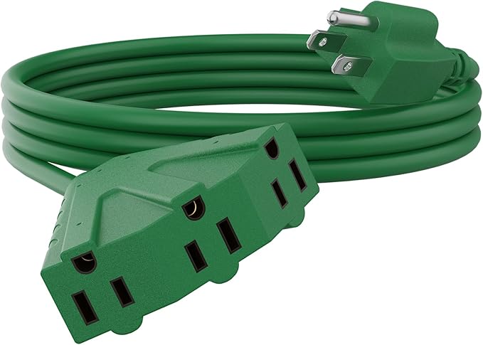 PLUGTUL 10FT Outdoor Extension Cord with Multiple Outlets, 14 Gauge, 3-Outlet, SJTW, 15A 14AWG 1875W SJTW, ETL Listed - Great for Christmas Decoration Lights, Green