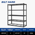 BILT HARD 3500 LBS 60" W x 18" D Garage Shelving, 72" H Heavy Duty Storage Shelves, Metal Wire Utility Shelving Units with Adjustable Shelf, Ideal for Garage, Black