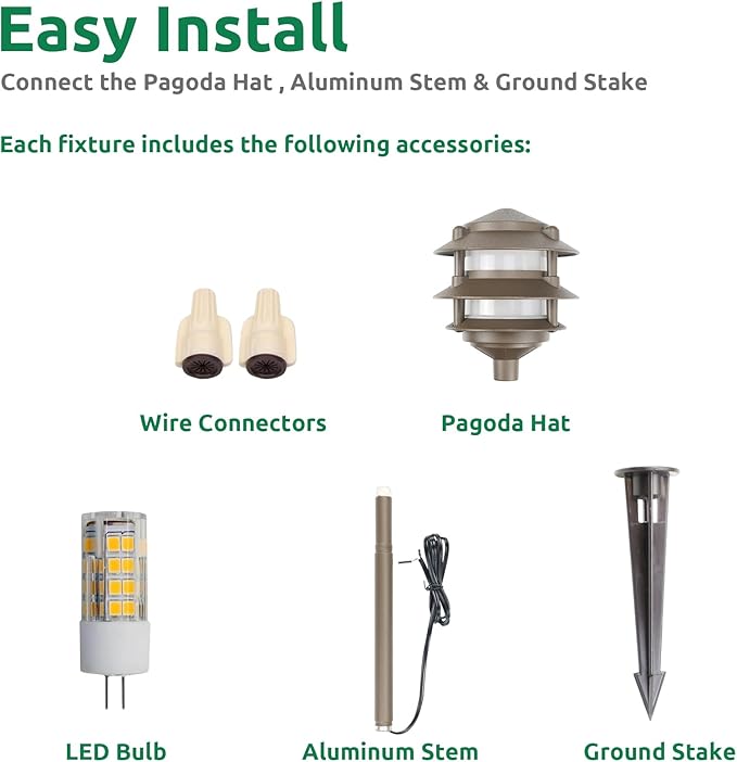 Lumina Lighting® Low Voltage Landscape Lighting Cast-Aluminum Pagoda Path and Area Light Warm White 4W G4 LED Bulb and ABS Ground Stake Included for Yard Walkway Lawn PAL0103-BZLED4 (Bronze, 4-Pack)