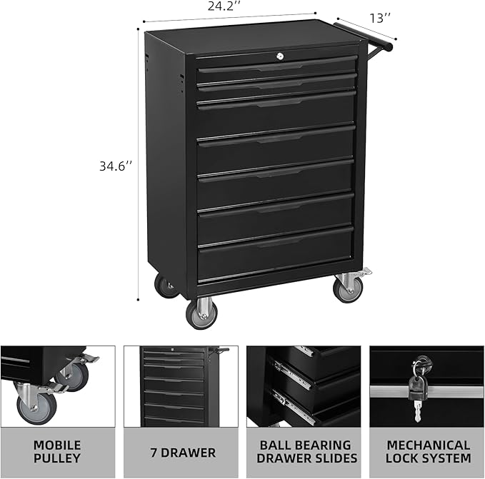 7-Drawer Rolling Tool Chest w/Drawers & Lock, Tool Storage Cabinet with Lockable Wheels, Top Cushion & Drawer Liners, Tool Organizer Box for Garage, Warehouse & Repair Sho
