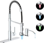 Kitchen Faucet with LED Light, Chrome Faucet with Soap Dispenser, Faucet for Kitchen Sink, Single Handle Stainless Steel Kitchen Sink Faucets with Pull Down Sprayer, Camper Farmhouse RV