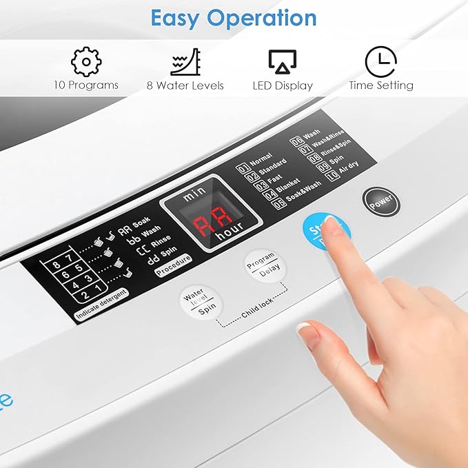 Casart-24403-EP Casart Washing Machine Portable Compact 12lbs Capacity Full-Automatic W/Drain Pump,10 Programs 8 Water Level 1.34 Cu.ft Cloth Washer and Spinner, Gray