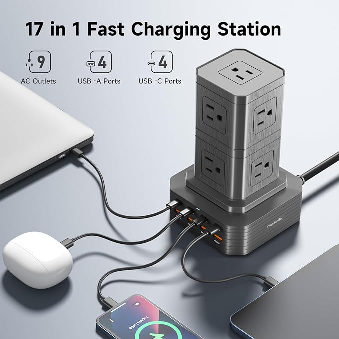 Charging Station (100W), 17-in-1 USB C Power Strip with Surge Protection, 6.6Ft Extension Cord, 4 USB C and 4 USB A Ports, 9 AC Outlets for Home Office Dorm Room