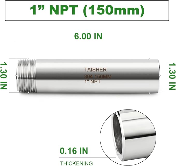 TAISHER 2PCS 304 Stainless Steel Pipe Fittings, 1" NPT Male Threaded, 6" Length Weld Nipple Cast Pipe