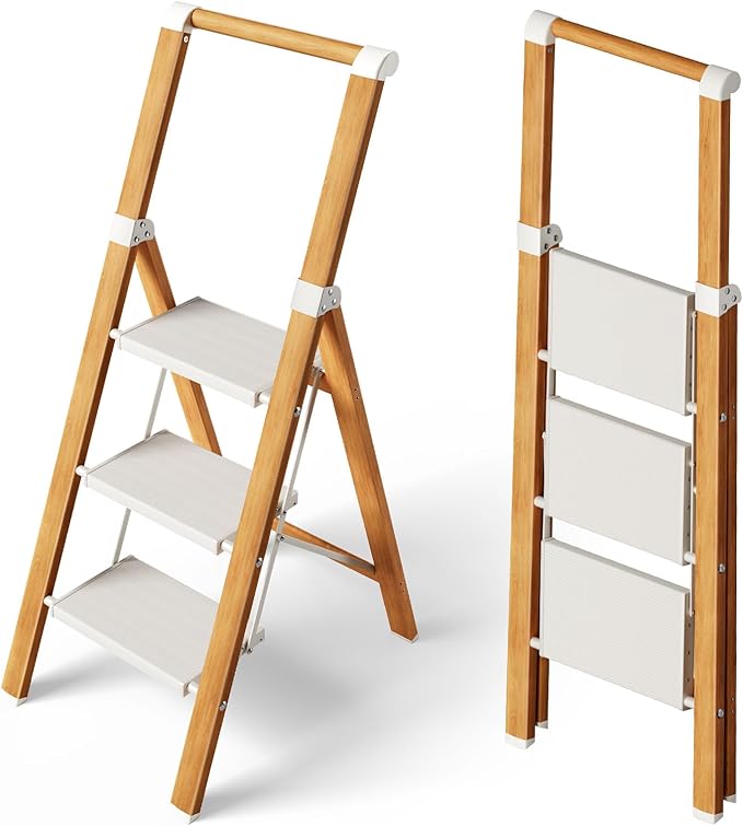 Taranta 3 Step Ladder, Portable Folding Ladder with Wide Pedal, Lightweight Aluminum Step Stool with Convenient Handgrip, 330 lbs Capacity Stepladder for Home, Office - White Woodgrain