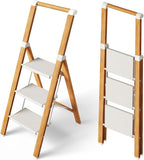 Taranta 3 Step Ladder, Portable Folding Ladder with Wide Pedal, Lightweight Aluminum Step Stool with Convenient Handgrip, 330 lbs Capacity Stepladder for Home, Office - White Woodgrain