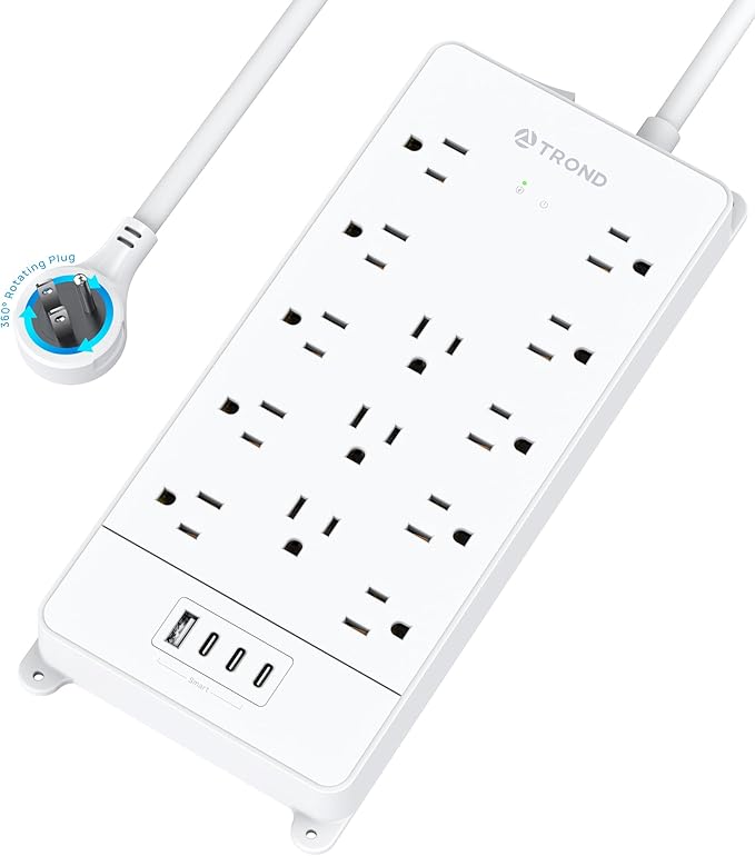 TROND 360° Rotating Flat Plug, Surge Protector Power Strip, 13AC Widely Spaced Outlets Expansion with 3 USB C Ports, 4000J, 5ft Extension Cord Heavy Duty, Wall Mount, Under Desk, ETL Listed, White