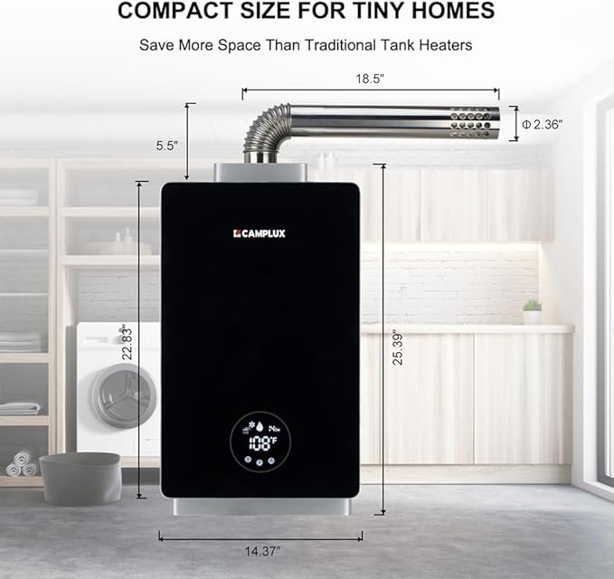 CAMPLUX Instant Hot Water Heater, 3.18 GPM Natural Gas, Whole House Gas Water Heater, Indoor, Black