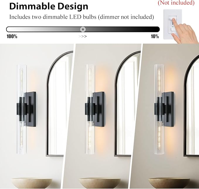 2-Light Matte Black Bathroom Light Fixtures with Glass Shades,Modern Wall Sconce for Bedroom Bath Mirror Lights.