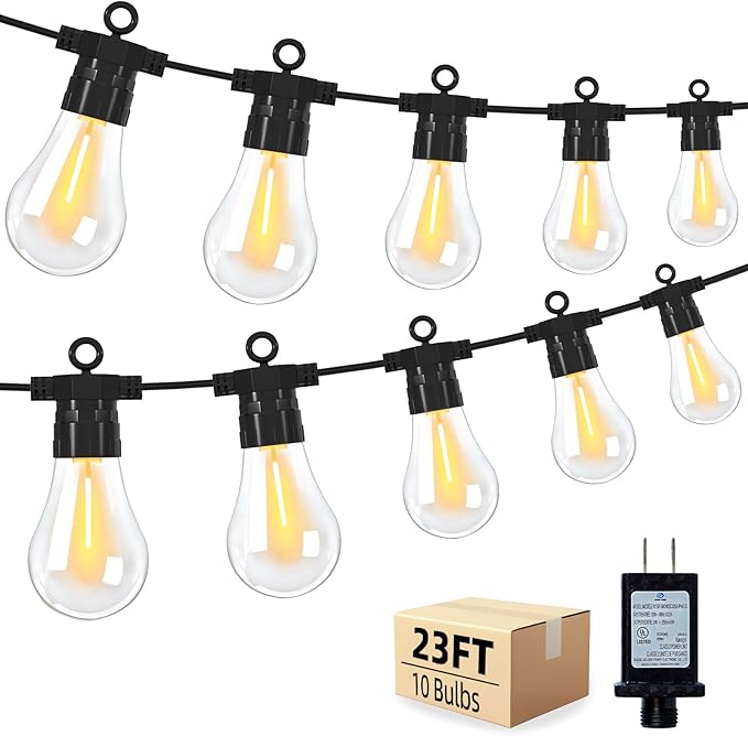LED Outdoor String Lights with 10 Shatterproof Edison Bulbs, 23FT Commercial Grade Patio Lights, Replaceable Wick Outside Hanging Lights Waterproof for Porch, Deck, Garden, Backyard 2700K