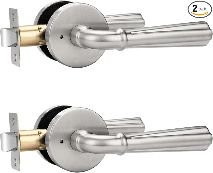 Orger 2 Pack Satin Nickel Privacy Door Lever Interior Door Handle with Lock, Keyless Bed Bath Door Handle Round Door Lever Reversible for Left & Right, Modern Privacy Door Lock Stainless Steel