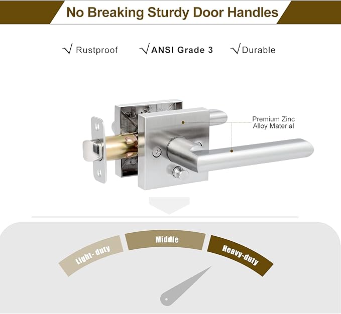 HOSOM 2 Pack Privacy Door Handles with Lock for Bedroom and Bathroom Satin Nickel Keyless Interior Door Knobs Reversible Square Door Locks