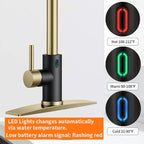 Touch-Less Kitchen Faucet, 3 Modes Pull Down Sprayer, LED Temperature Control,Sensor Activated,Ceramic Valve, 360-Degree Rotation, 1 or 3 Hole Deck Plate. 10-Year Warranty. (KW-79GR, Gold/Black)