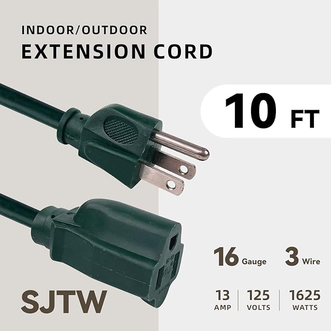10ft Outdoor Extension Cord for Christmas Decorations - 16/3 Heavy Duty SJTW Waterproof Green Electrical Cable with 3 Prong Grounded Plug for Safety, Great for Lawn and Major Appliances