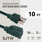 10ft Outdoor Extension Cord for Christmas Decorations - 16/3 Heavy Duty SJTW Waterproof Green Electrical Cable with 3 Prong Grounded Plug for Safety, Great for Lawn and Major Appliances