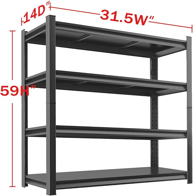 Metal Garage Storage Shelves Heavy Duty Shelving Unit 4 Tier Steel Adjustable Organizing Shelves 2500 LBS Capacity Industrial Shelving Ideal for Garage Tote Pantry Basement Outdoor, 59”Hx31.5”Wx14”D