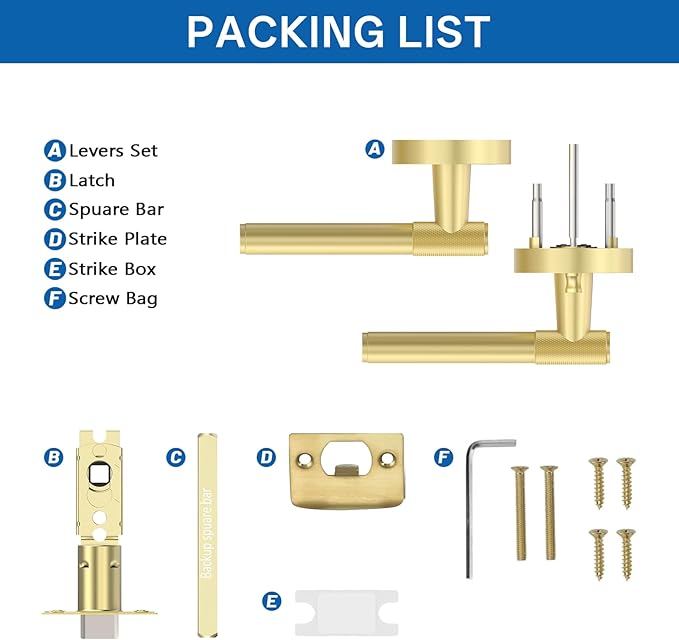 Amerdeco 1 Pack Brushed Gold Door Handles Interior, Knurled Privacy Door Handles with Lock,Gold Door Lever for Bedroom or Bathroom,Reversible Keyless for Left Right Handed Doors AM0027