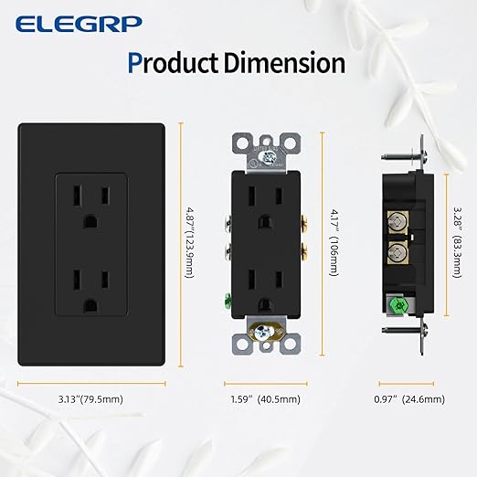 ELEGRP Matte Black Standard Decorator Electrical Wall Receptacle Outlet, 15A 125V, 2 Pole 3 Wire, Non-Tamper Resistant, NEMA 5-15R, Self-Grounding, Mid Wall Plate Included, UL Listed (20 Pack)
