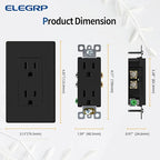 ELEGRP Matte Black Standard Decorator Electrical Wall Receptacle Outlet, 15A 125V, 2 Pole 3 Wire, Non-Tamper Resistant, NEMA 5-15R, Self-Grounding, Mid Wall Plate Included, UL Listed (20 Pack)