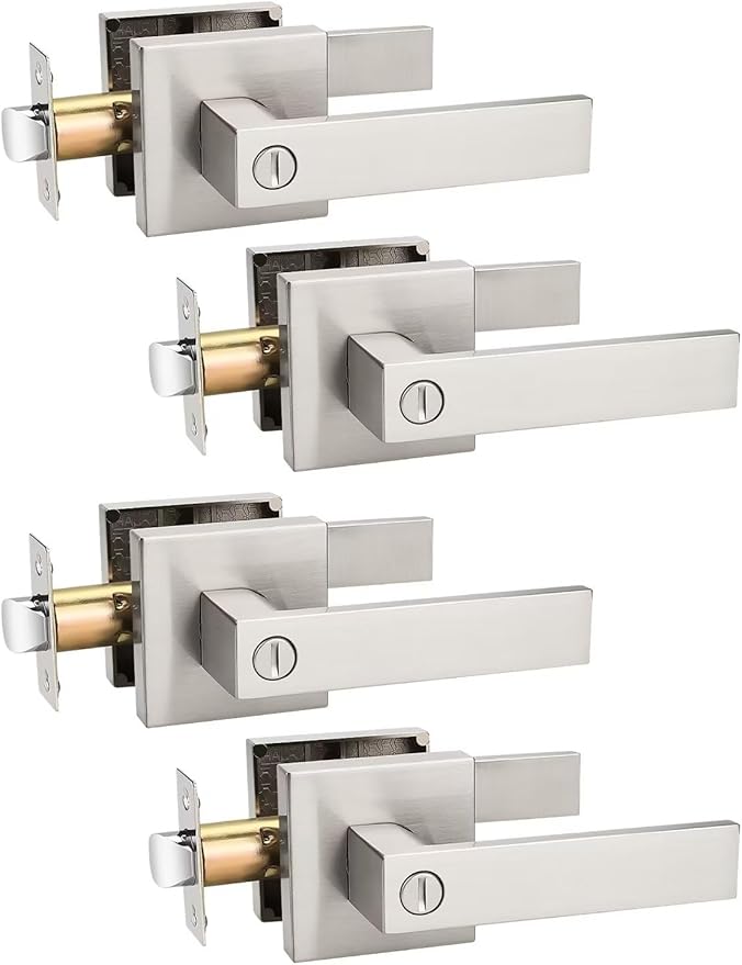 4 Pack Privacy Square Brushed Nickel Door Handles Interior, Keyless Door Knobs for Bedroom/Bathroom, Reversible for Left Right Handed Doors