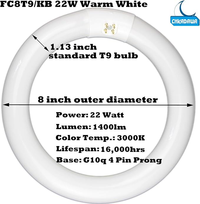 FC8T9/KB 22W Round Light Bulb, 8 Inch T9 22 Watt Circular Fluorescent Light Bulbs, Replacement Circline Fluorescent Lamp, Warm White 3000K 1400 Lumens, G10q 4 Pin Prong, 2 Pack