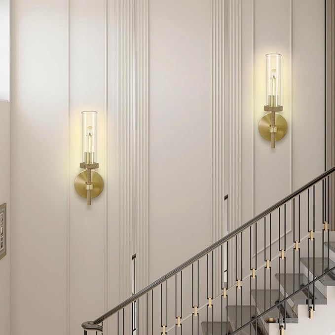 Knurled Wall Sconces Set of Two, Brass Wall Sconce Lights, 14" Gold Bathroom Wall Sconces, Glass Linear Sconce Wall Lighting, Vanity Lights Bathroom Light Fixture Wall Lights for Living Room