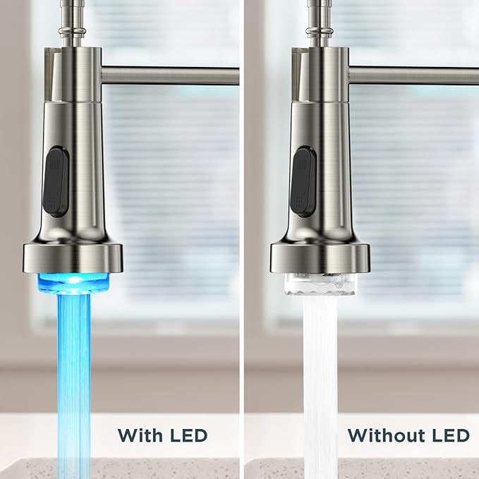 FORIOUS LED Kitchen Faucet with Pull Down Sprayer, Brushed Nickel Modern Single Handle Stainless Steel Commercial Spring Sink Faucet with LED Light for Pot Filler, Farmhouse Camper Bar Laundry Room
