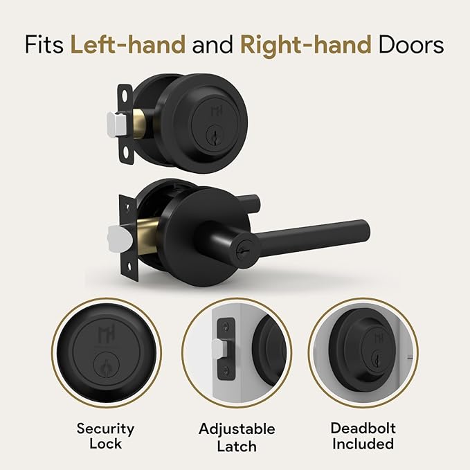 Mega Handles Ronn Entrance Combo, Entry Lever Door Handle and Single Cylinder Deadbolt Lock and Key Combo Pack, Heavy Duty Round Locking Door Levers Set for Left or Right-Handed Doors - Matte Black