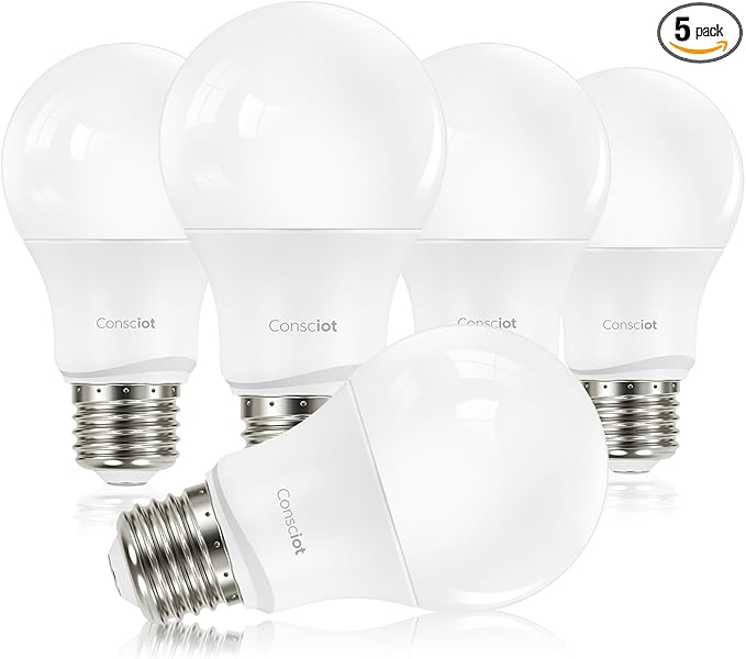 Consciot A19 LED Light Bulbs Dimmable,60W Equivalent,5000K Daylight White,9W 800 Lumens,E26 Standard Base,UL Listed,Lighting for Bedroom Living Room Home Office,5 Packs
