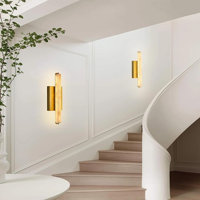 Alabaster Wall Sconces Set of Two, 15in Brass Alabaster Sconce, Modern Spanish Natural Marble Sconces Lights, Rectangle Gold Sconces for Bathroom Vanity Bedroom Living Room Staircases Hallway