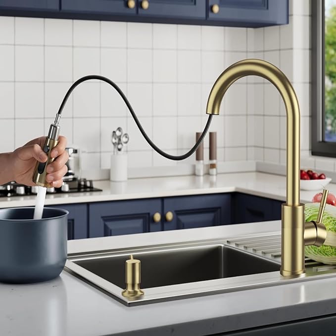 Touch-Less Kitchen Faucet, 3 Modes Pull Down Sprayer, LED Temperature Control,Sensor Activated,Ceramic Valve, 360-Degree Rotation, 1 or 3 Hole Deck Plate. 10-Year Warranty. (KW-78J, Gold)