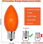 SUNSGNE 25 Pack C9 Orange Outdoor Halloween Night Light Bulbs, C9 Christmas Tree Lights for Indoor Outdoor Patio Strings, E17/C9 Intermediate Base, 7 Watt, Ceramic Orange