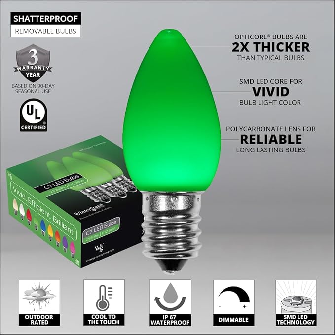 Wintergreen Lighting OptiCore C7 LED Christmas Light Bulbs - 25 Pack Heavy Duty Premium Outdoor Christmas Lights, E12 Base (Green Smooth)