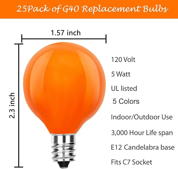 25-Pack G40 Replacement Christmas Lights Bulbs, Colored Light Bulbs for Christmas Outdoor String Lights, C7/E12 Candelabra Base, 5W Incandescent Light Bulbs-Multicolor