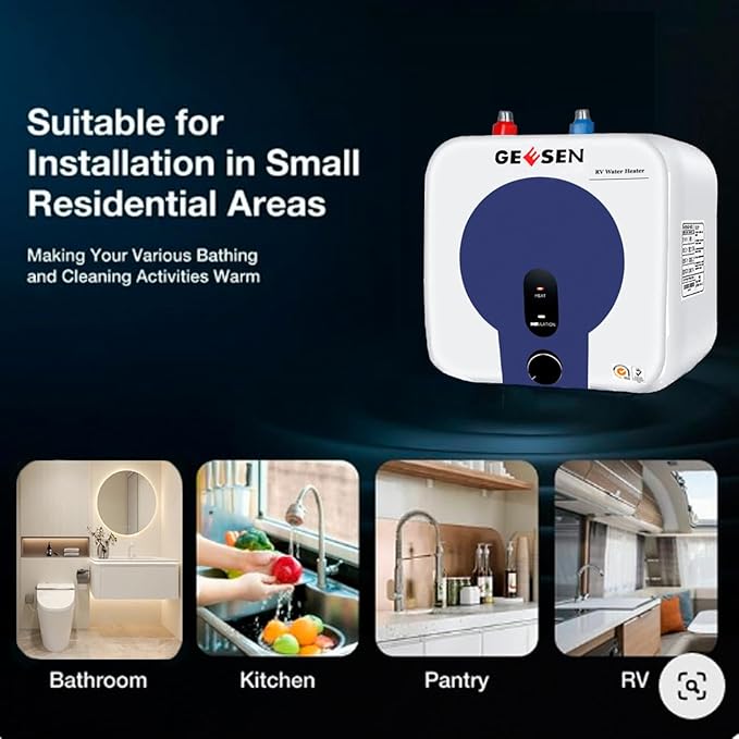 2.5 Gallon Mini Hot Water Heater 1500W, Small Under Sink Counter RV TR Endless Trailer Kitchen Compact Point-of-Use, 16” Long 1/2”FIP Stainless Steel Water Hoses 9L