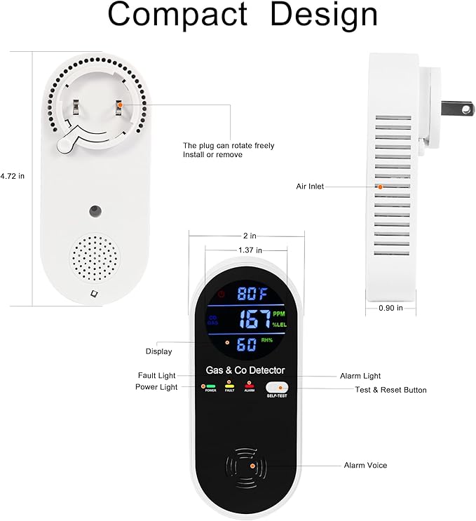 Combination Natural Gas Detector & Carbon Monoxide Detector, 4-in-1 Carbon Monoxide Alarm,Fahrenheit(°F) & Humidity,Propane,Methane,Gas Detector Alarm & CO Detector for Home,RV,Apartment