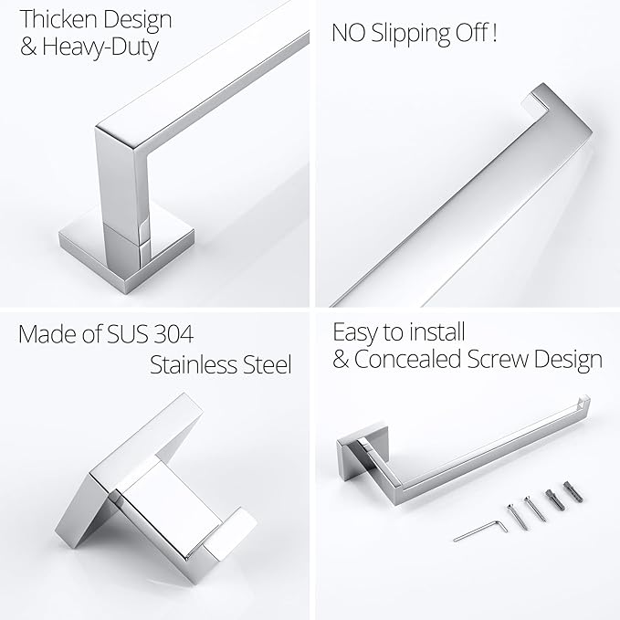 BAGNOLUX Bathroom Hardware Set 4 Pieces, Bath Towel Holder Set SUS304 Stainless Steel, Towel Bar Rack Set for Wall Mounted, Square Bathroom Accessories Set Fixture Heavy Duty Polished Chrome