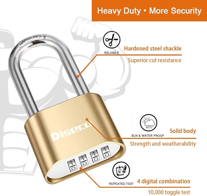 1 Pack disecu Heavy Duty 4 Digit Combination Lock, 2.5 Inch Long Shackle Outdoor Waterproof Padlock for School Gym Locker, Storage Unit, Fence, Gate, Toolbox (Brass)
