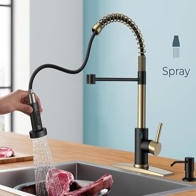 Touch-Less Kitchen Faucet, 3 Modes Pull Down Sprayer, LED Temperature Control,Sensor Activated,Ceramic Valve, 360-Degree Rotation, 1 or 3 Hole Deck Plate. 10-Year Warranty. (KW-79GR, Gold/Black)