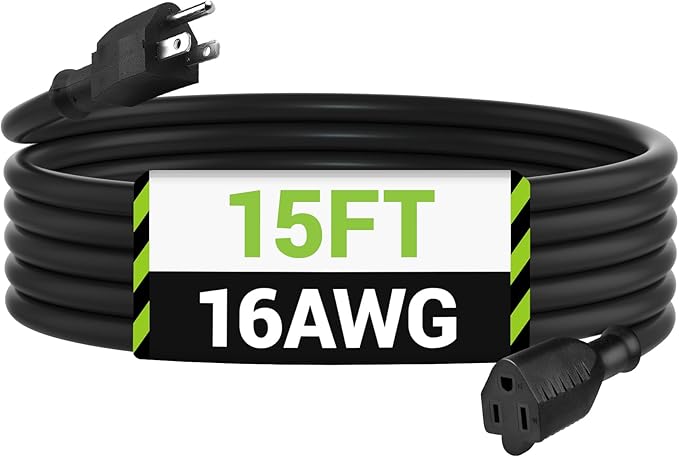 BN-LINK 15 ft Indoor/Outdoor Extension Cord 16/3 SJTW, Black, Water & Weather Resistant, 3-Prong Grounded Plug for Landscaping & Holiday Decorations, Home & Office, 13A, ETL