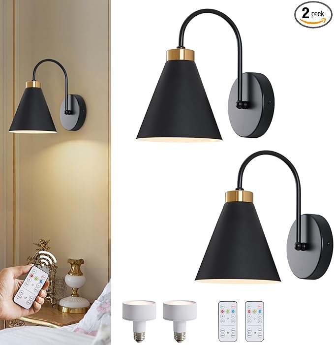 Vintage Cordless Gooseneck Battery Operated Wall Sconces Set of 2, Black Bedside Battery Powered Wall Decor Lamps with Remote Control, Wireless Indoor LED Lights Fixture for Bedroom Hallway