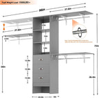 8FT Closet System, 96'' Closet Organizer System with 3 Hanging Rods, Wall Mount Bedroom Wardrobe with 3 Drawers Walk-in Closet, Adjustable Cloth Garment Rack from 5 to 8FT (Cut to Fit), Grey