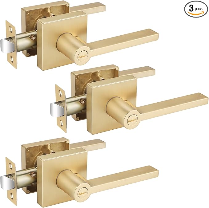 EHOMEWARE 3 Pack Gold Door Handles, Heavy Duty Door Knobs Interior for Bedroom Bathroom, Zinc Alloy Privacy Door Levers Door Handle with Lock, Satin Brass Modern Door Hardware & Locks