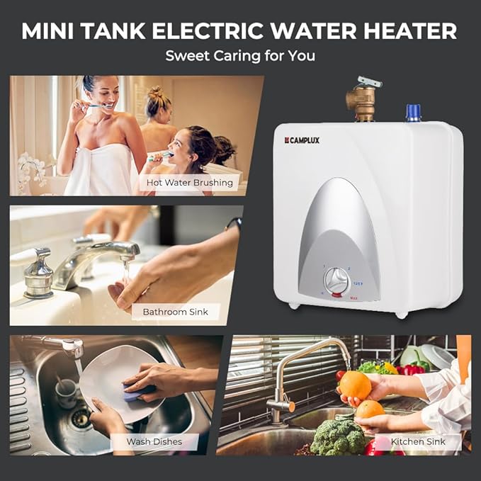 CAMPLUX Electric Small Hot Water Heater, 1.3 Gallon Point of Use Hot Water Heaters 120V 1440W, Under Sink, Wall or Floor Mounted, Easy to Install